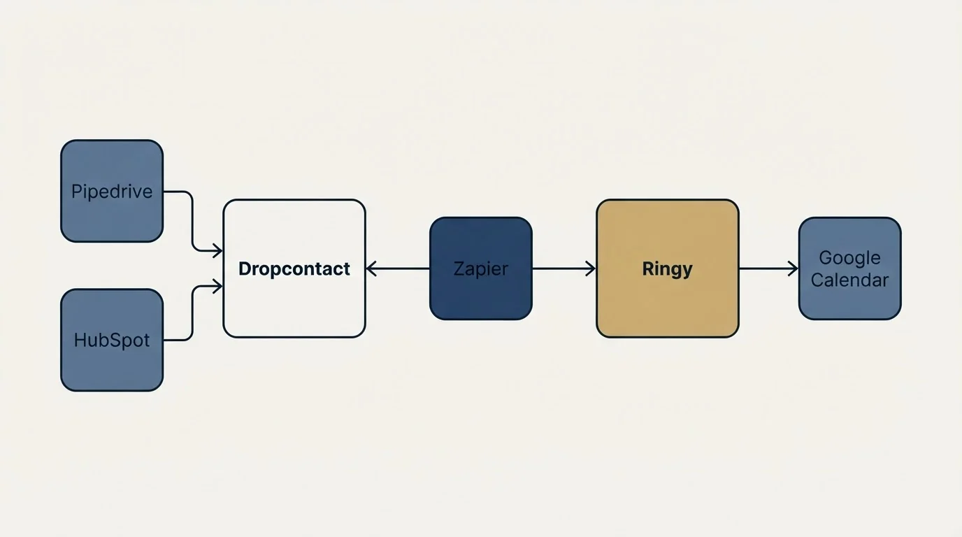Integration schematic: Integration Ecosystem (Dropcontact, Ringy, Zapier, Pipedrive)