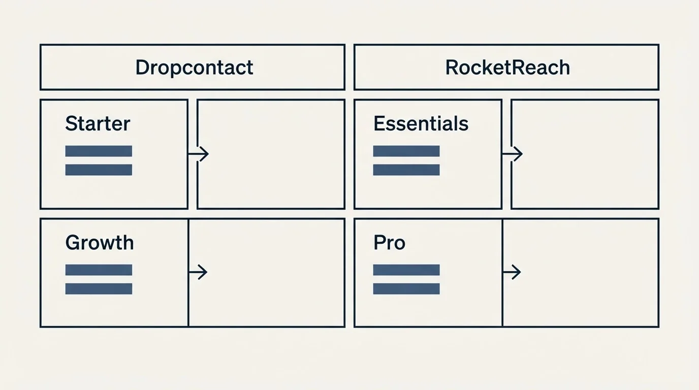 Pricing table: Pricing Comparison (Dropcontact, RocketReach, Starter, Essentials)