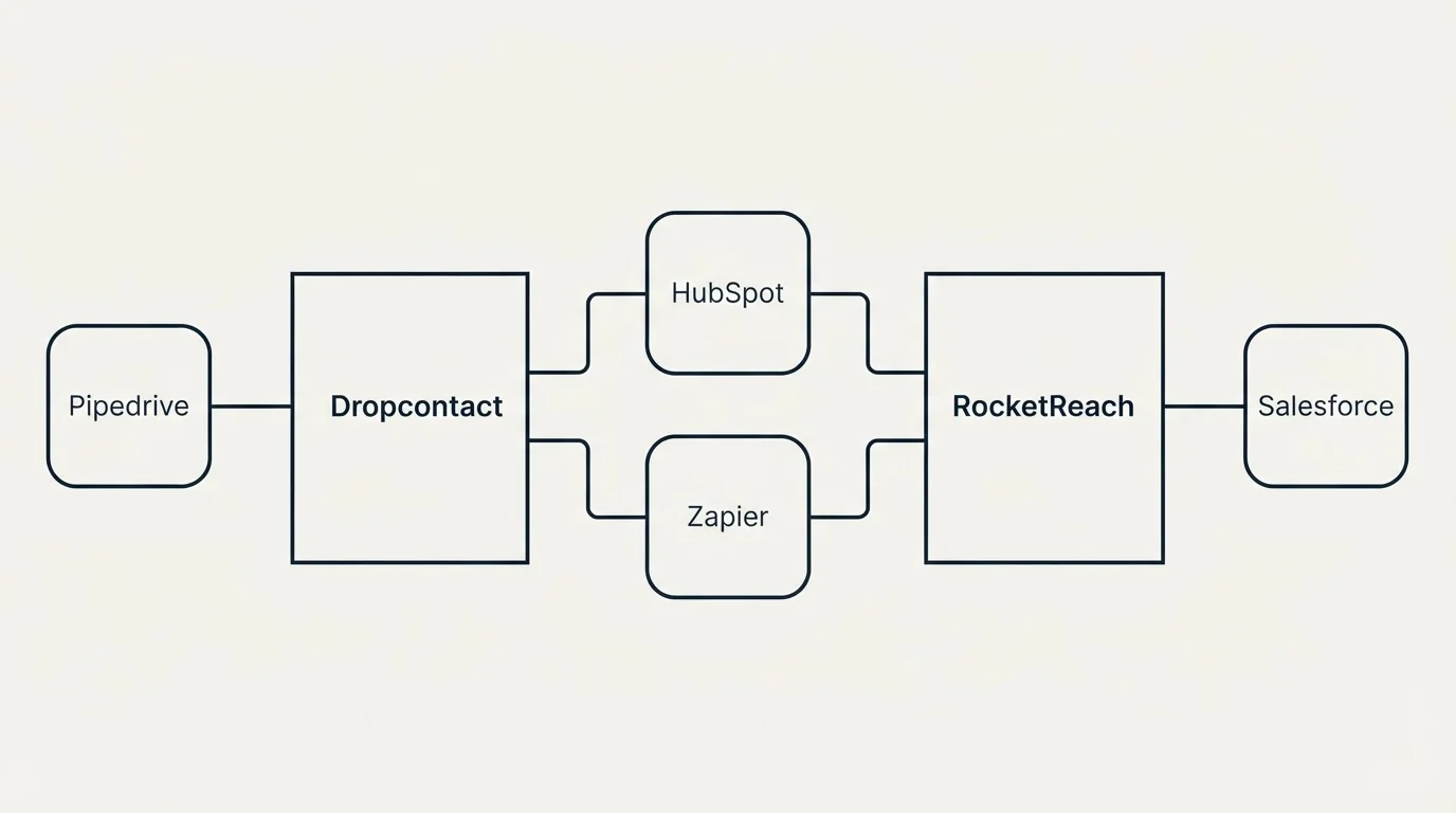 Integration schematic: Integration Ecosystem (Dropcontact, RocketReach, HubSpot, Zapier)