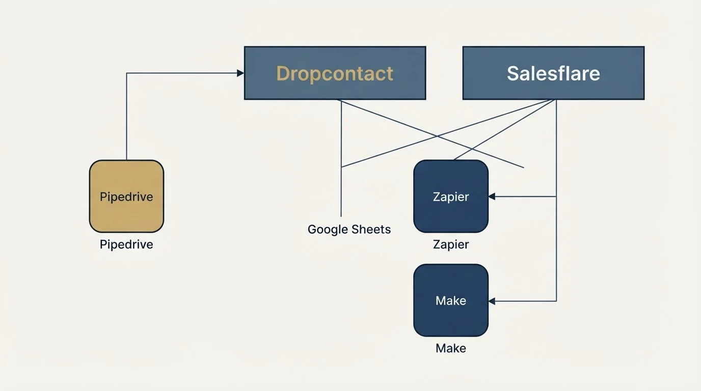 Integration grid: Integration Ecosystem (Dropcontact, Salesflare, Google Sheets, Zapier)