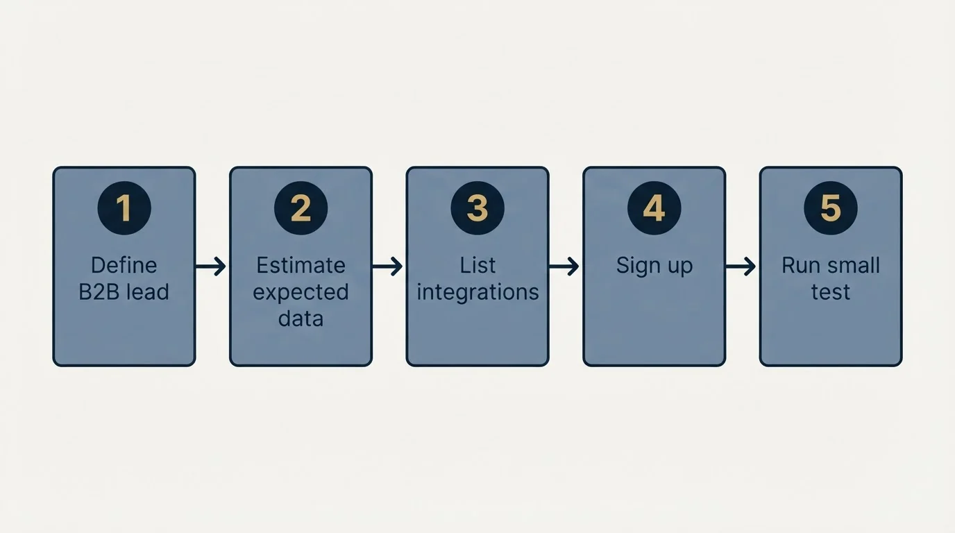Step sequence: Getting Started Checklist (Define B2B lead, Estimate expected data, List integrations, Sign up)