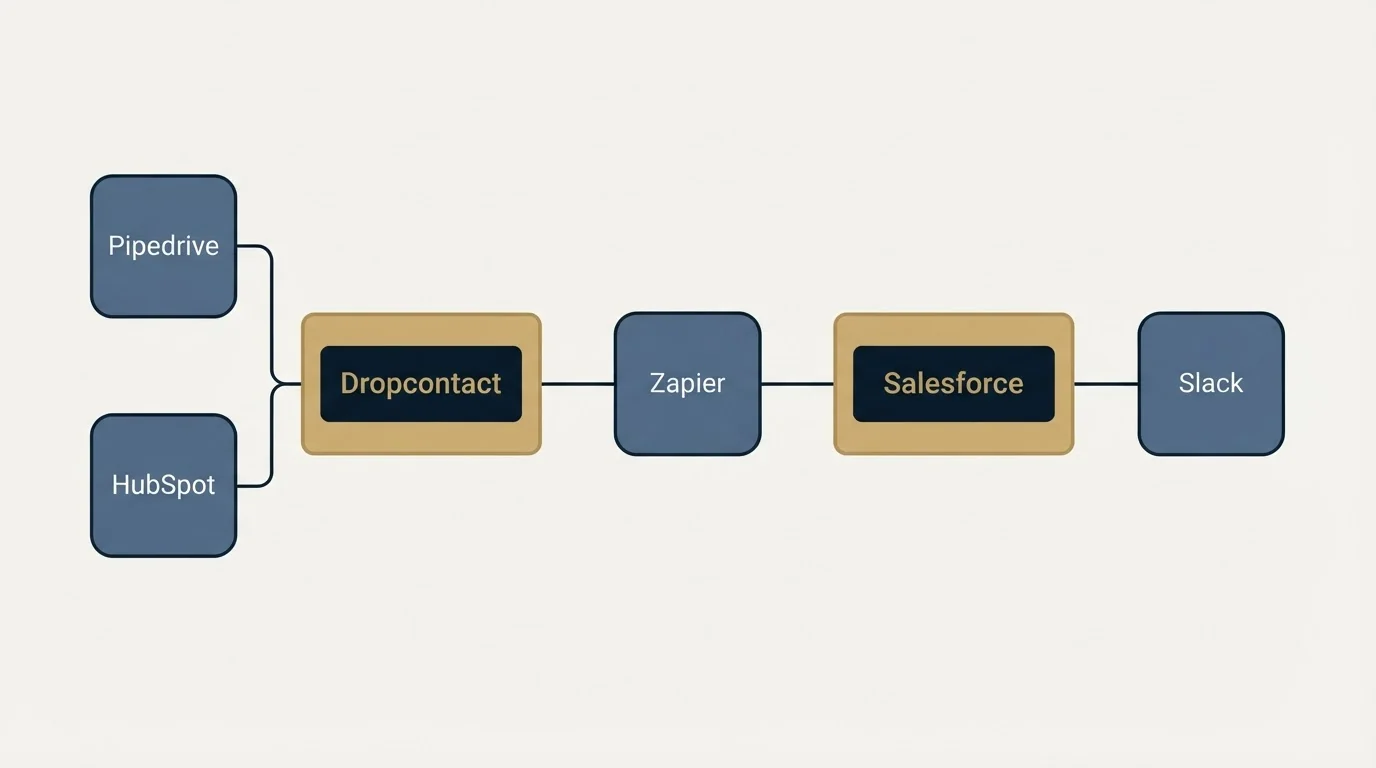 Integration schematic: Integration Ecosystem (Dropcontact, Salesforce, Zapier, Pipedrive)