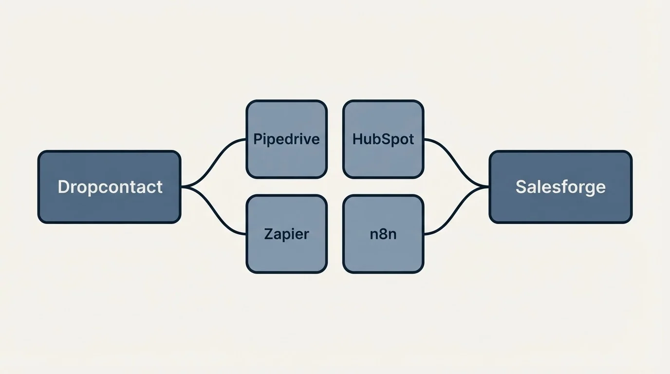Integration schematic: Integration Ecosystem (Dropcontact, Salesforge, Pipedrive, HubSpot)