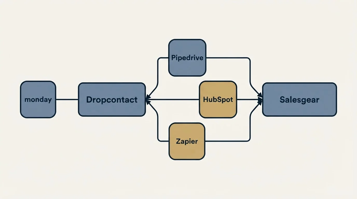 Integration schematic: Integration Ecosystem (Dropcontact, Salesgear, Pipedrive, HubSpot)