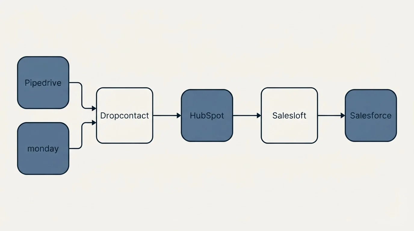 Integration schematic: Integration Ecosystem (Dropcontact, Salesloft, HubSpot, Pipedrive)