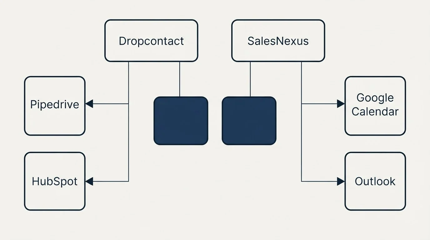 Integration grid: Integration Ecosystem (Dropcontact, SalesNexus, Pipedrive, Google Calendar)