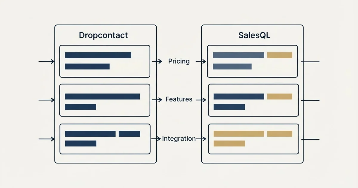 Comparison panel: Dropcontact vs SalesQL (Pricing, Features, Integration)