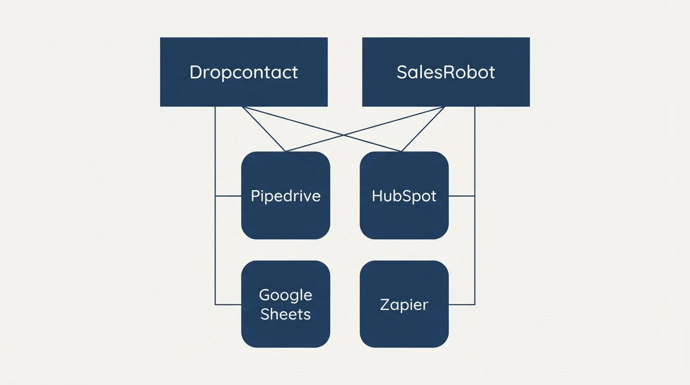 Integration grid: Integration Ecosystem (Dropcontact, SalesRobot, Pipedrive, HubSpot)
