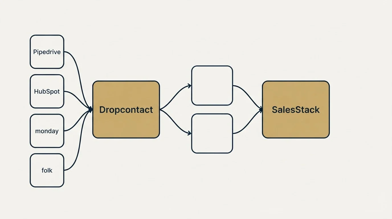 Integration schematic: Integration Ecosystem (Dropcontact, SalesStack, Pipedrive, HubSpot)