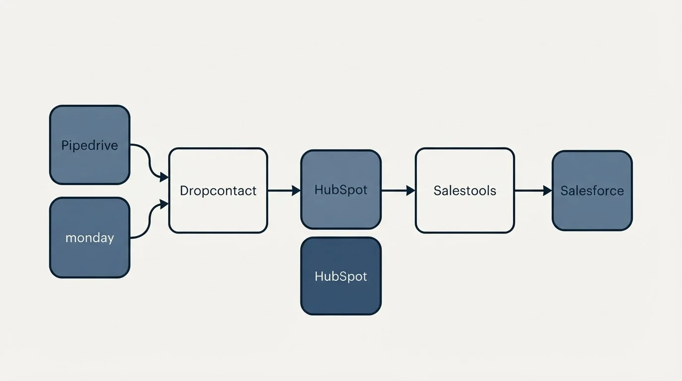Integration flow: Integration Ecosystem (Dropcontact, Salestools, HubSpot, Pipedrive)