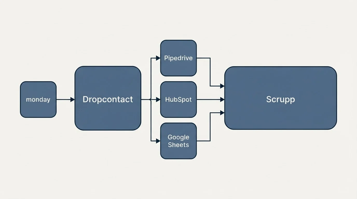 Integration schematic: Integration Ecosystem (Dropcontact, Scrupp, Pipedrive, HubSpot)