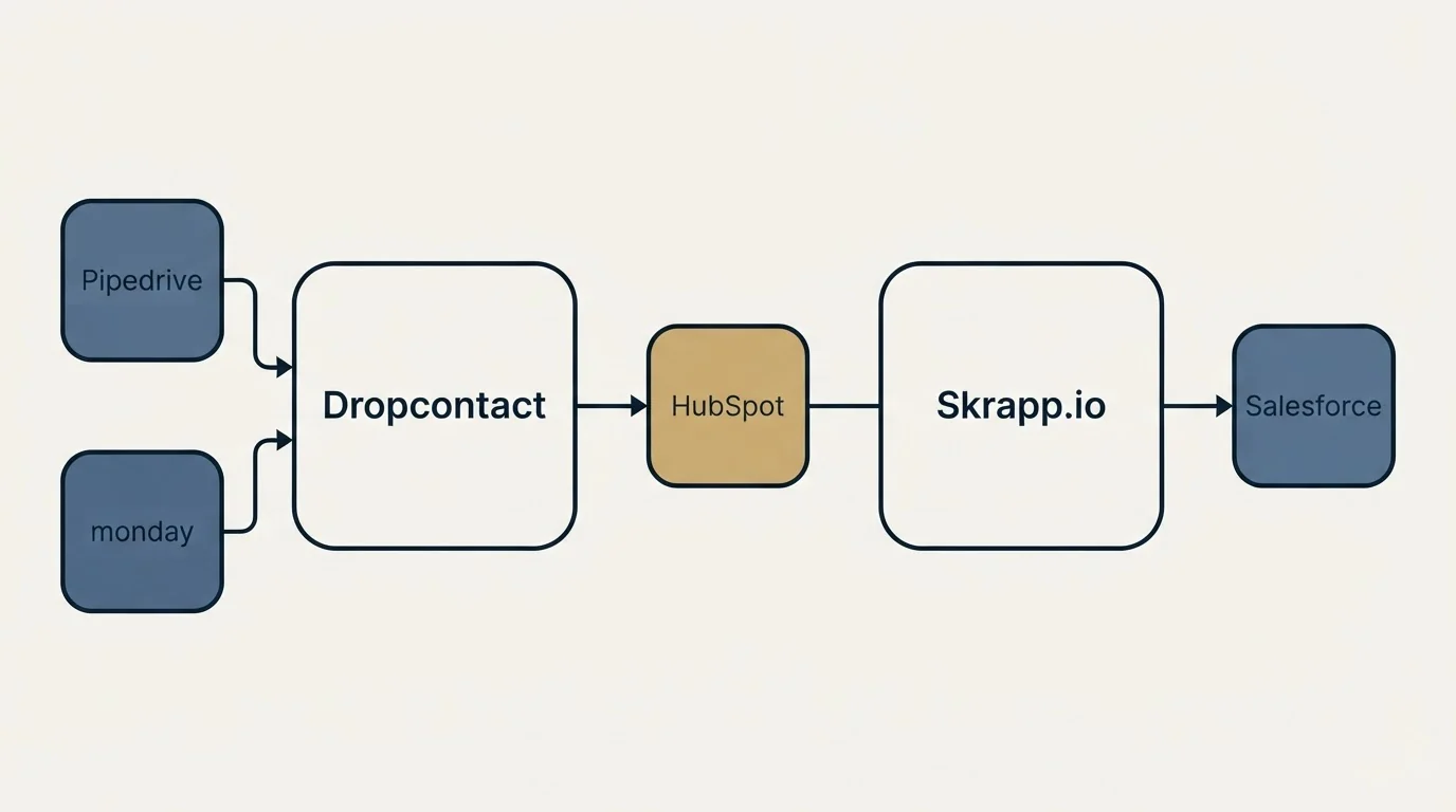 Integration schematic: Integration Ecosystem (Dropcontact, Skrapp.io, HubSpot, Pipedrive)