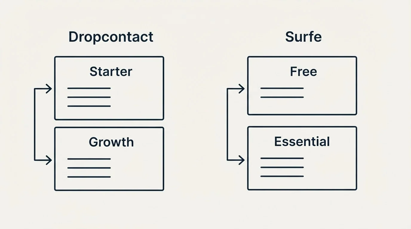 Pricing panels: Pricing Comparison (Dropcontact, Surfe, Starter, Free)