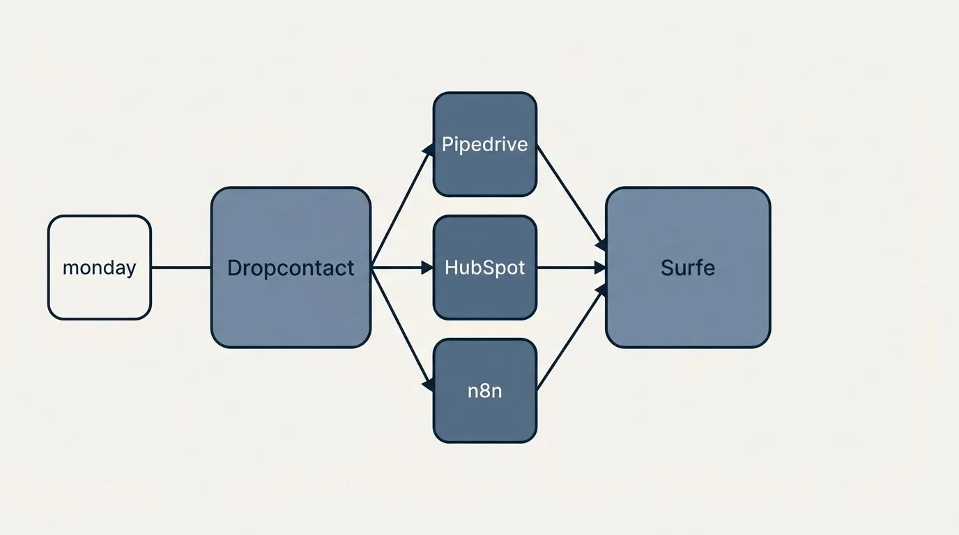 Integration schematic: Integration Ecosystem (Dropcontact, Surfe, Pipedrive, HubSpot)