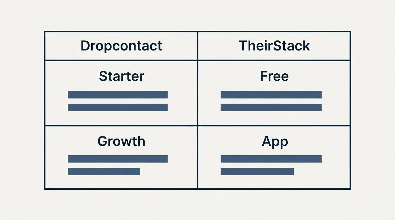 Pricing table: Pricing Comparison (Dropcontact, TheirStack, Starter, Free)