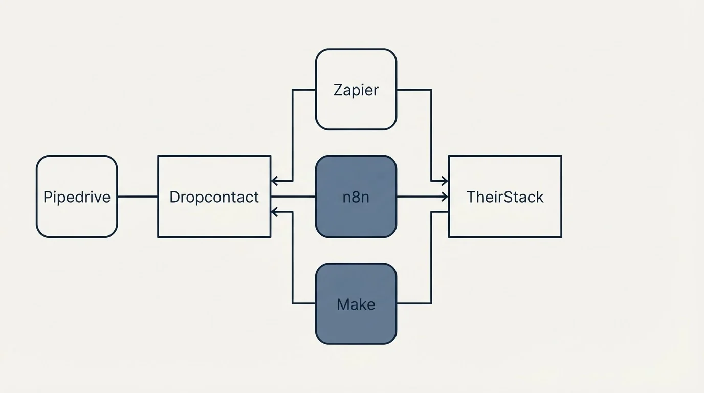 Integration flow: Integration Ecosystem (Dropcontact, TheirStack, Zapier, n8n)