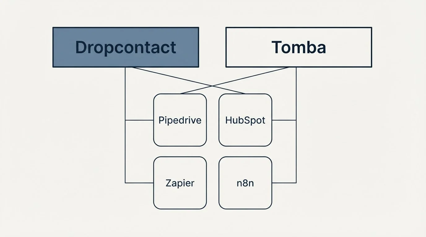 Integration grid: Integration Ecosystem (Dropcontact, Tomba, Pipedrive, HubSpot)