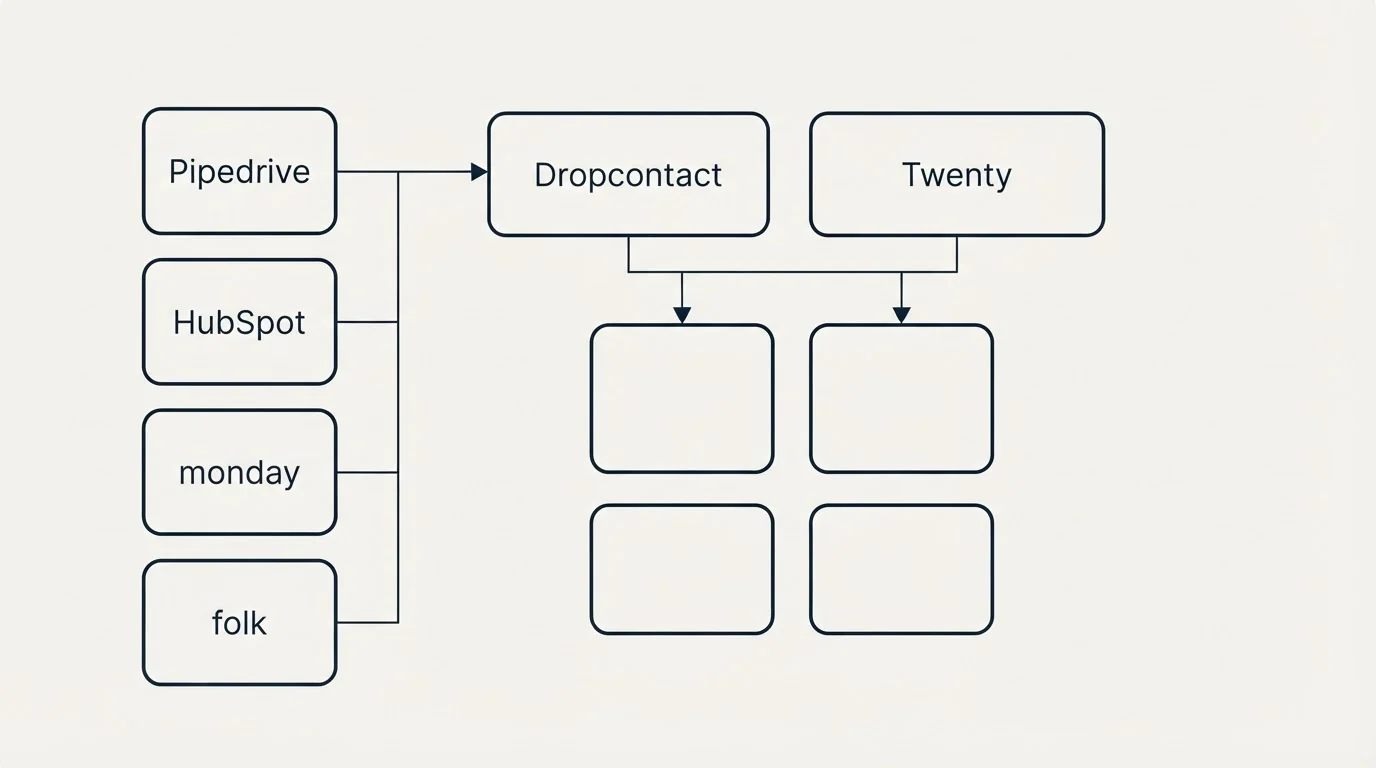 Integration grid: Integration Ecosystem (Dropcontact, Twenty, Pipedrive, HubSpot)
