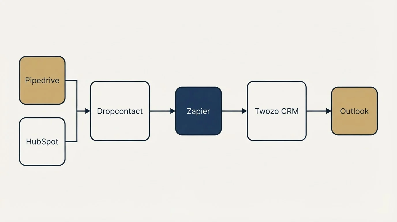 Integration flow: Integration Ecosystem (Dropcontact, Twozo CRM, Zapier, Pipedrive)