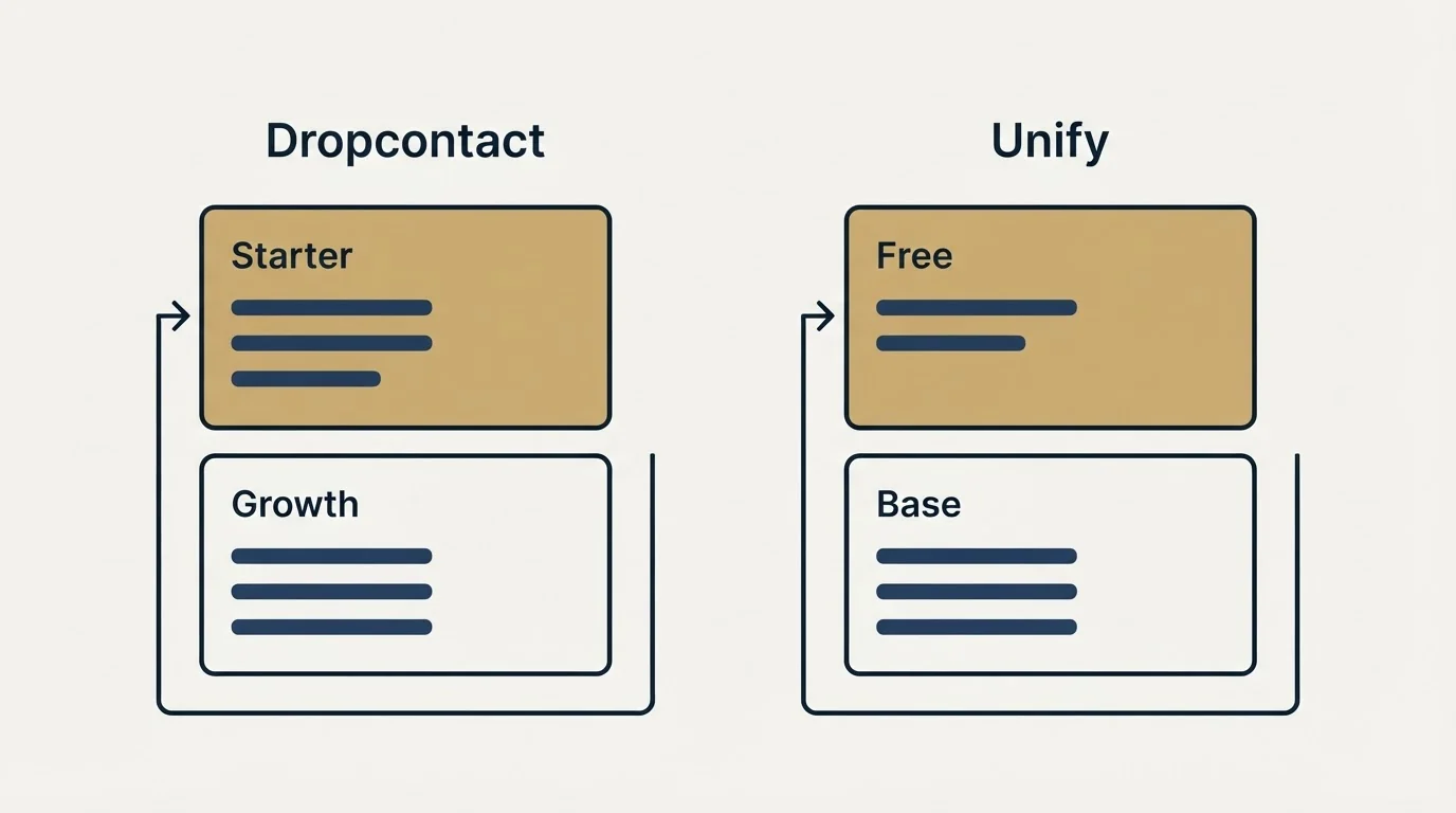 Pricing panels: Pricing Comparison (Dropcontact, Unify, Starter, Free)