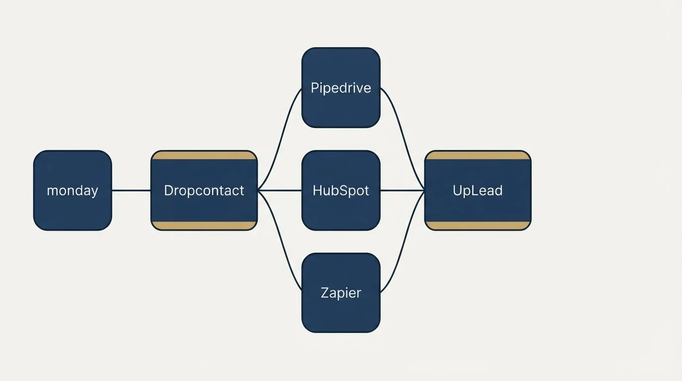 Integration schematic: Integration Ecosystem (Dropcontact, UpLead, Pipedrive, HubSpot)