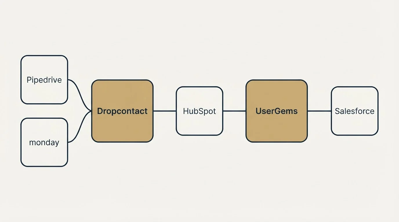 Integration schematic: Integration Ecosystem (Dropcontact, UserGems, HubSpot, Pipedrive)