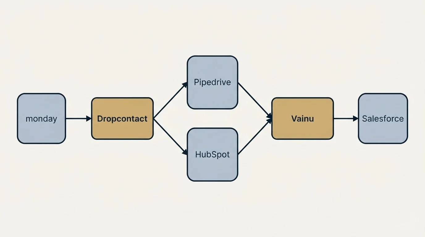 Integration schematic: Integration Ecosystem (Dropcontact, Vainu, Pipedrive, HubSpot)
