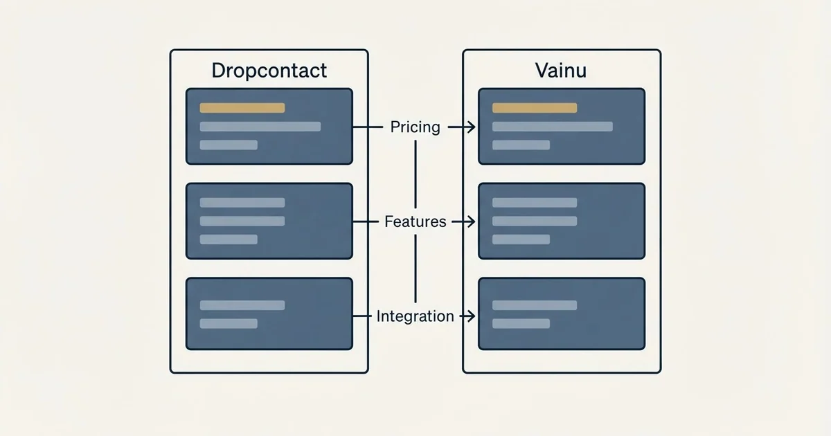 Comparison panel: Dropcontact vs Vainu (Pricing, Features, Integration)