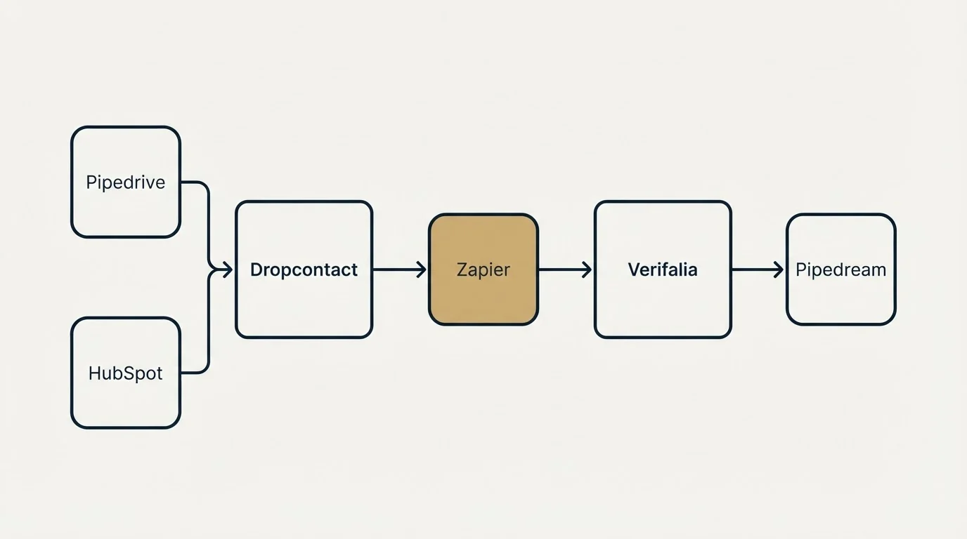 Integration schematic: Integration Ecosystem (Dropcontact, Verifalia, Zapier, Pipedrive)