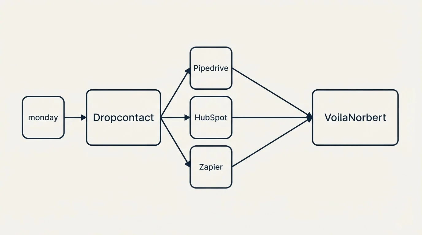 Integration schematic: Integration Ecosystem (Dropcontact, VoilaNorbert, Pipedrive, HubSpot)