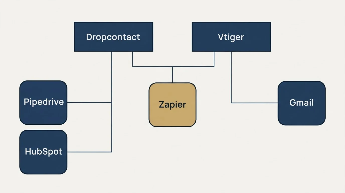 Integration grid: Integration Ecosystem (Dropcontact, Vtiger, Zapier, Pipedrive)