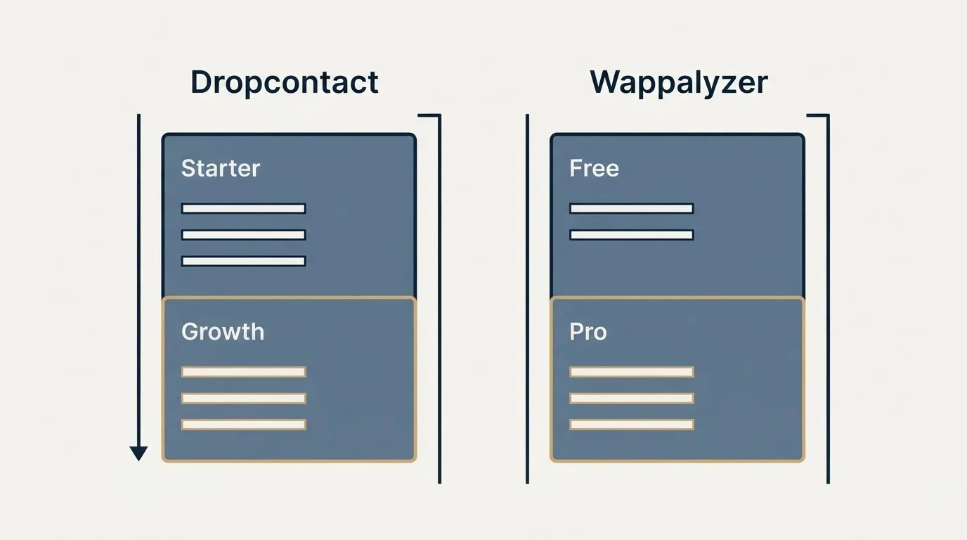 Pricing panels: Pricing Comparison (Dropcontact, Wappalyzer, Starter, Free)
