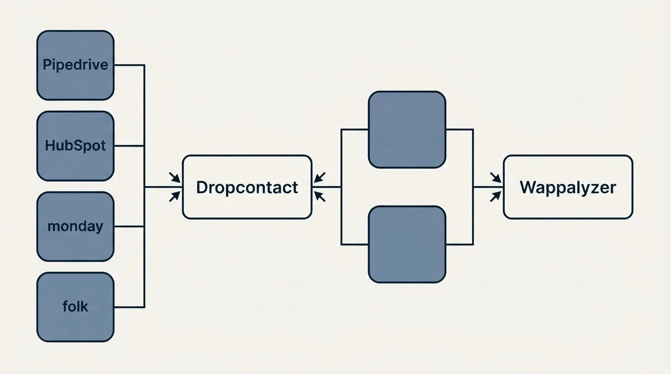 Integration flow: Integration Ecosystem (Dropcontact, Wappalyzer, Pipedrive, HubSpot)