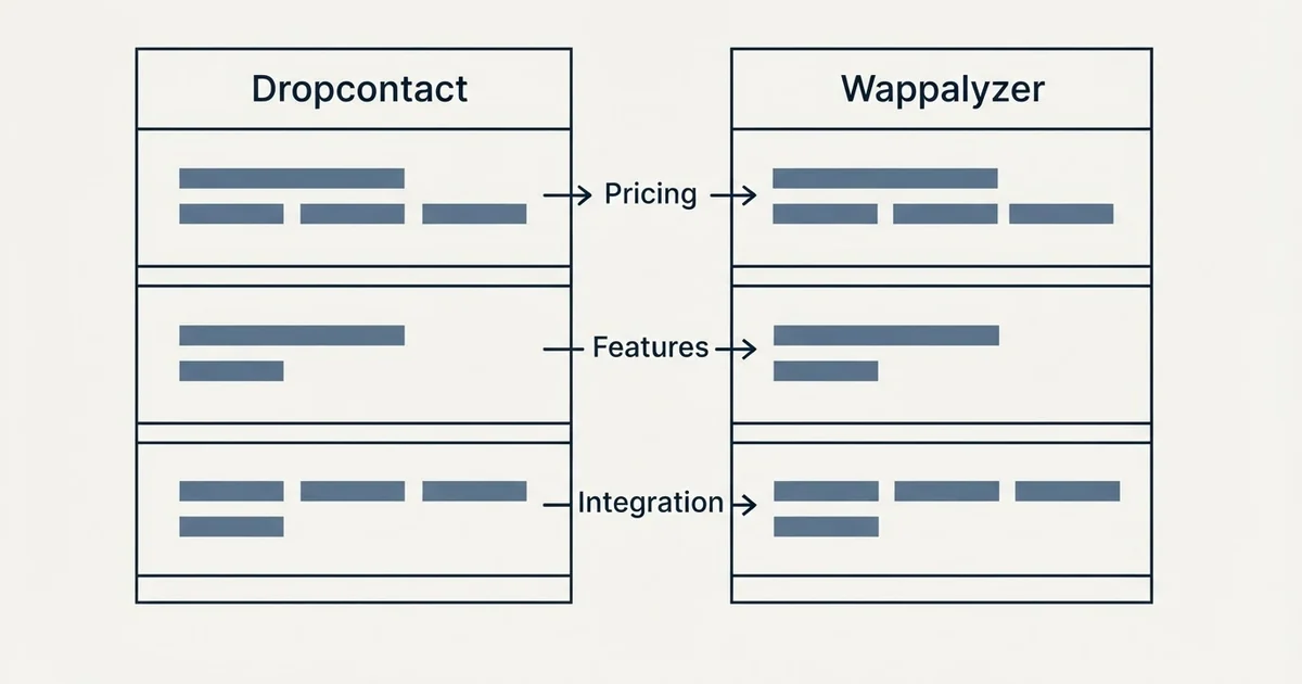 Comparison panel: Dropcontact vs Wappalyzer (Pricing, Features, Integration)