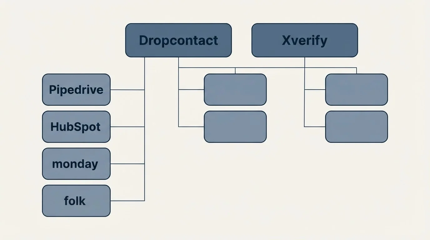 Integration grid: Integration Ecosystem (Dropcontact, Xverify, Pipedrive, HubSpot)