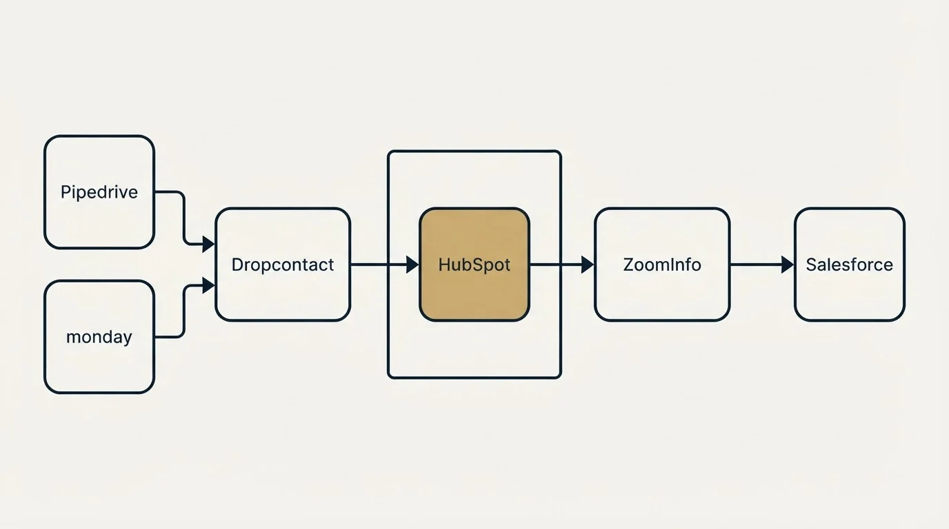 Integration flow: Integration Ecosystem (Dropcontact, ZoomInfo, HubSpot, Pipedrive)