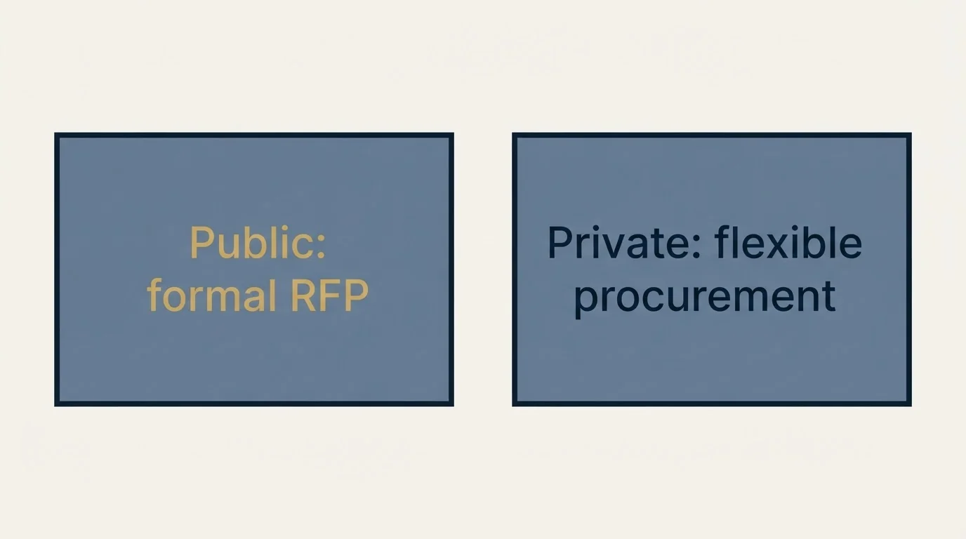 Schematic: Public vs. Private Institution Considerations (Public: formal RFP, Private: flexible procurement)
