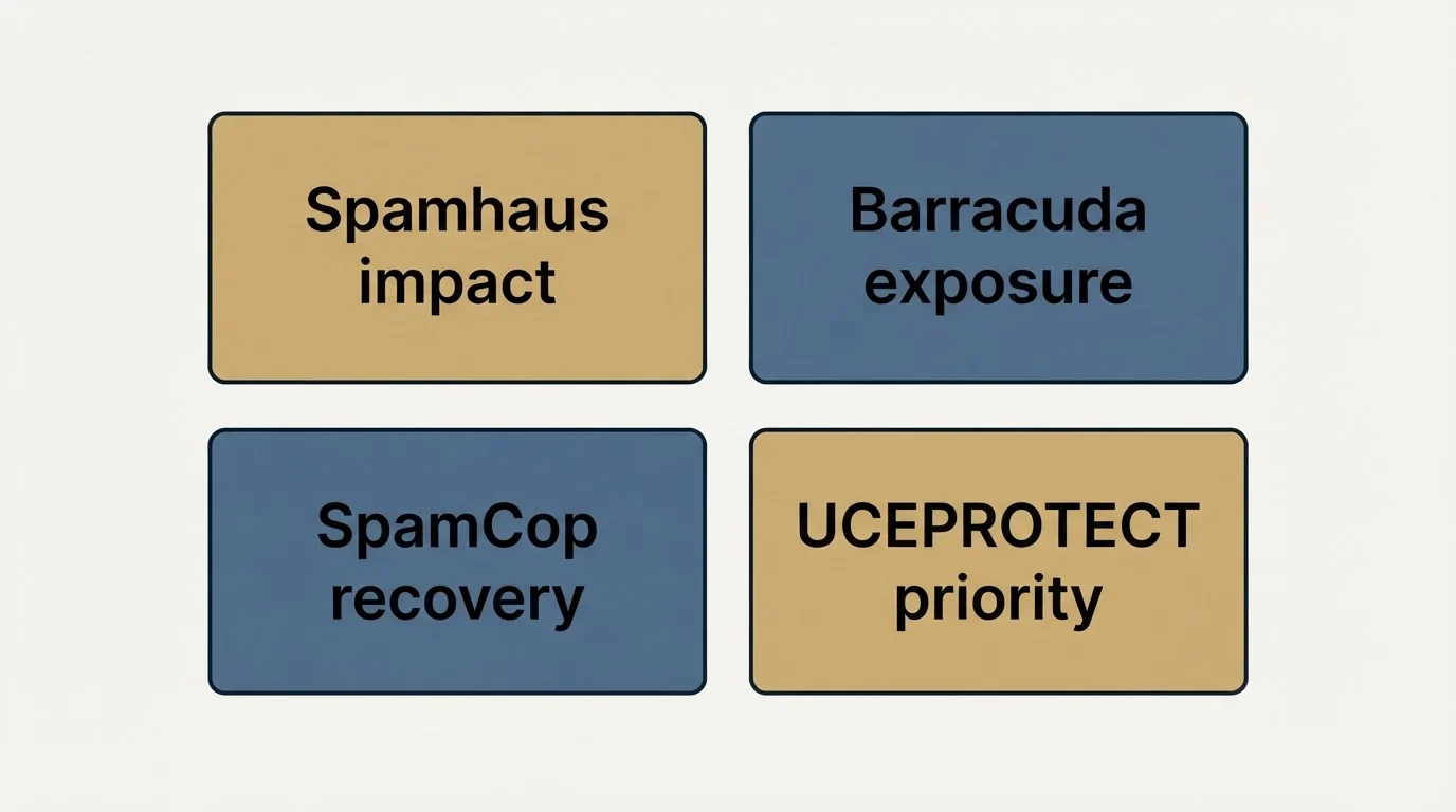 Schematic: Which lists actually matter (Spamhaus impact, Barracuda exposure, SpamCop recovery, UCEPROTECT priority)