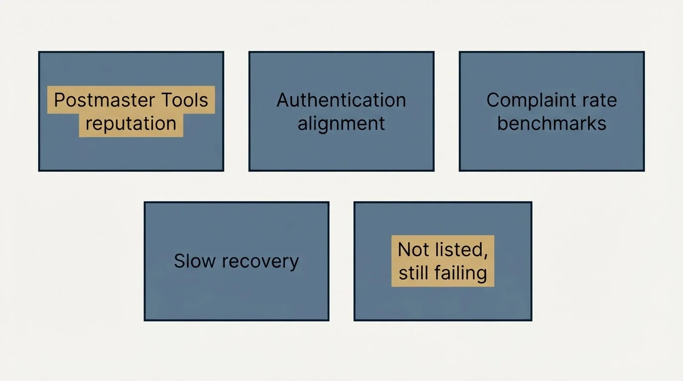 Schematic: Not listed anywhere and still failing? (Not listed, still failing, Postmaster Tools reputation, Authentication alignment, Complaint rate benchmarks)