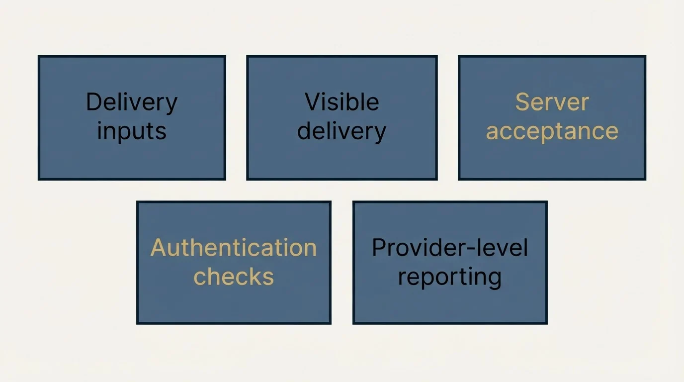 Schematic: The short version (Visible delivery, Server acceptance, Delivery inputs, Authentication checks)