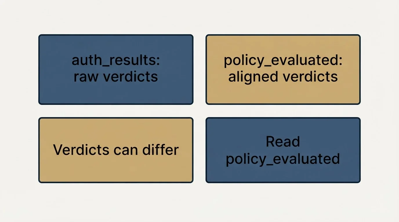 Schematic: DMARC alignment is actually passing (auth_results: raw verdicts, policy_evaluated: aligned verdicts, Verdicts can differ, Read policy_evaluated)