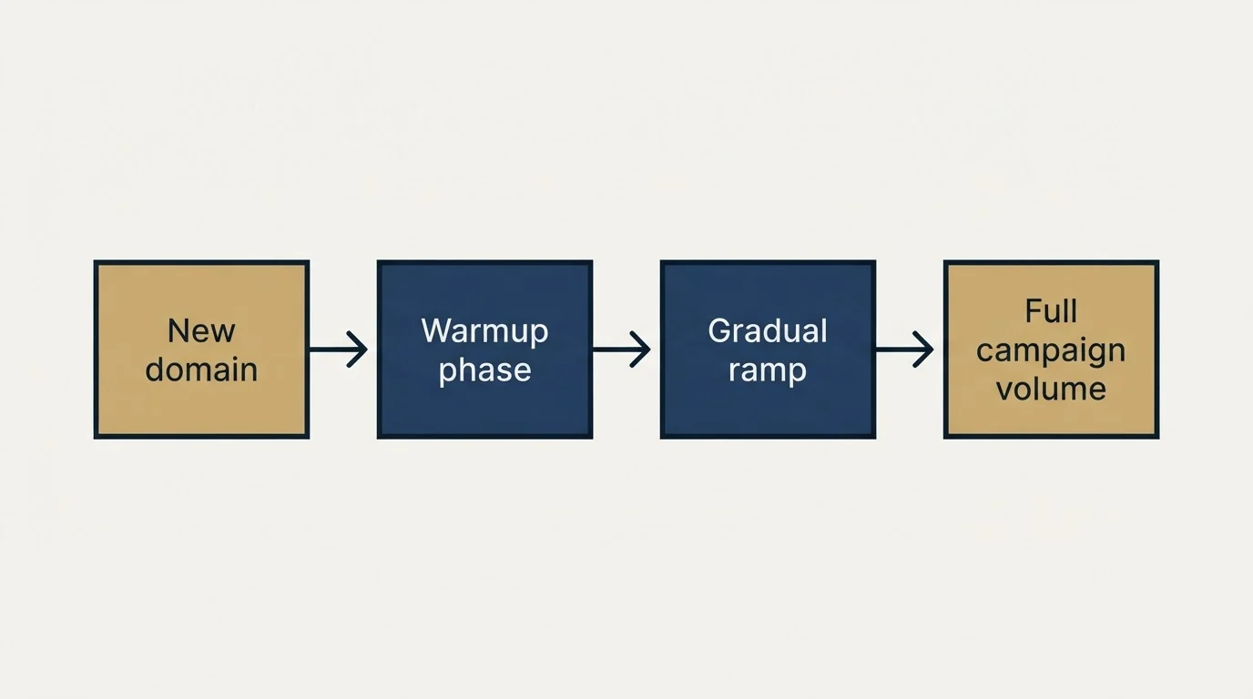 Schematic: Sending volume against domain age (New domain, Warmup phase, Gradual ramp, Full campaign volume)