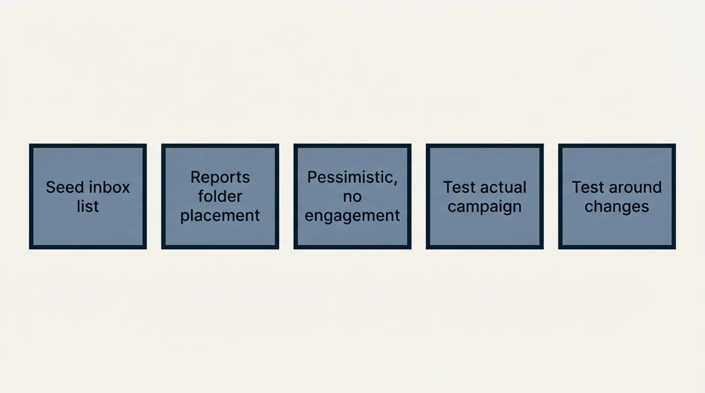 Schematic: Placement testing (Seed inbox list, Reports folder placement, Pessimistic, no engagement, Test actual campaign)