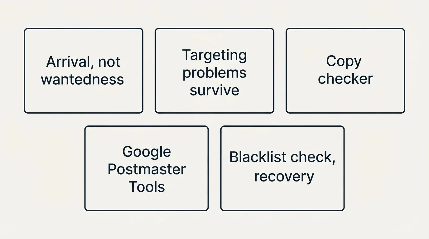 Schematic: What none of these platforms do (Arrival, not wantedness, Targeting problems survive, Copy checker, Google Postmaster Tools)
