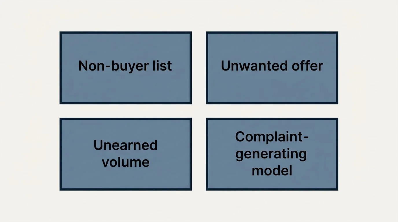 Schematic: The four things a service cannot fix (Non-buyer list, Unwanted offer, Unearned volume, Complaint-generating model)
