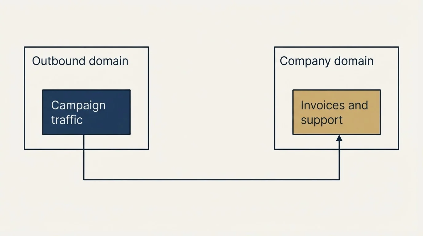 Schematic: The structural fix most services will recommend anyway (Outbound domain, Campaign traffic, Company domain, Invoices and support)