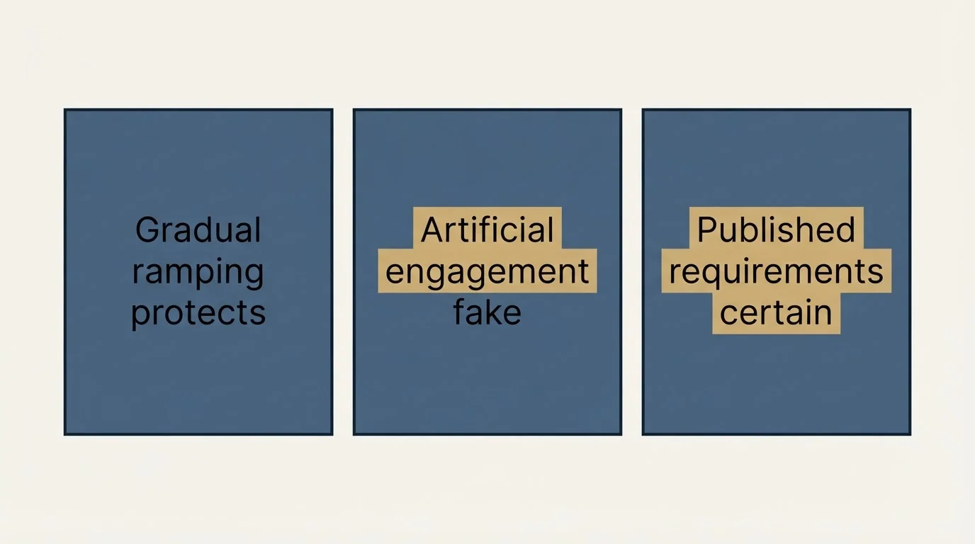 Schematic: What is structurally true (Gradual ramping protects, Artificial engagement fake, Published requirements certain)