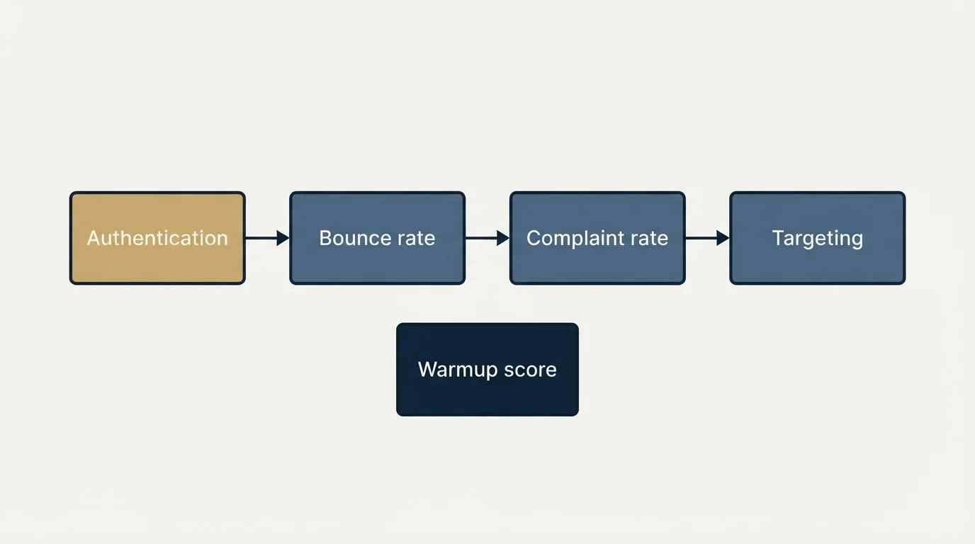 Schematic: The failure mode warmup encourages (Authentication, Bounce rate, Complaint rate, Targeting)
