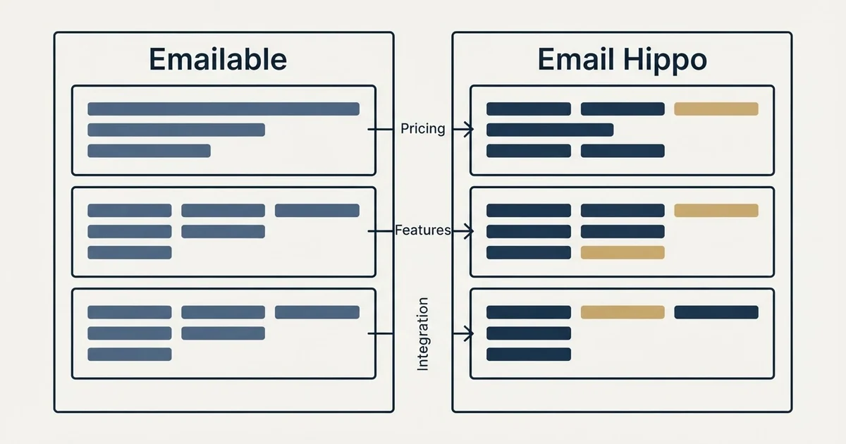 Comparison panel: Emailable vs Email Hippo (Pricing, Features, Integration)
