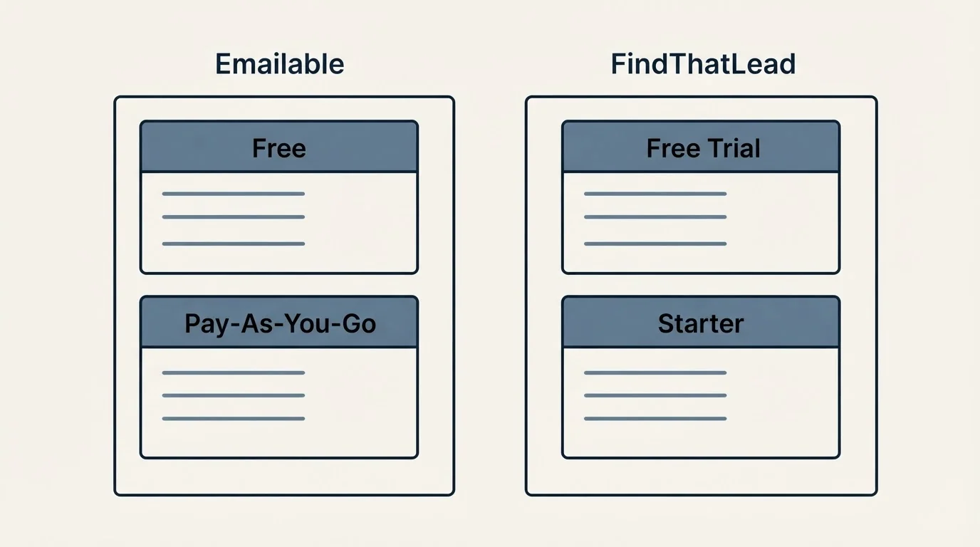 Pricing panels: Pricing Comparison (Emailable, FindThatLead, Free, Free Trial)